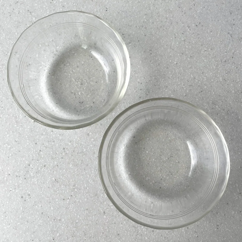 Vintage PYREX Clear Glass Custard Cups Set of 2 10oz Triple Ring Made in USA